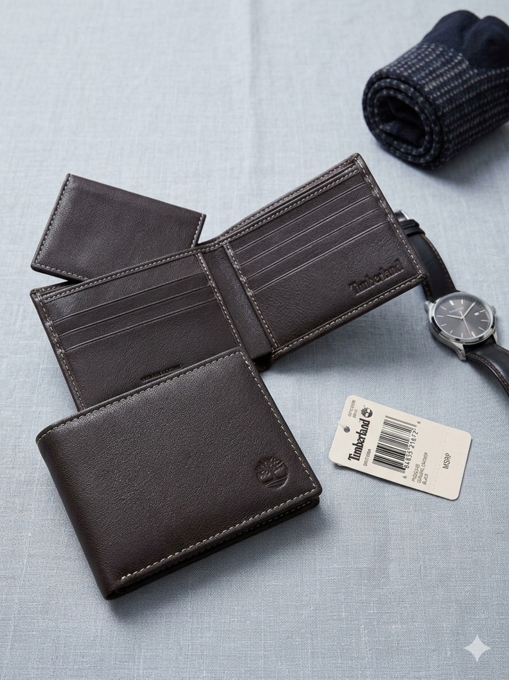 NWT Timberland Men’s Dark Brown Leather Bi-Fold Wallet